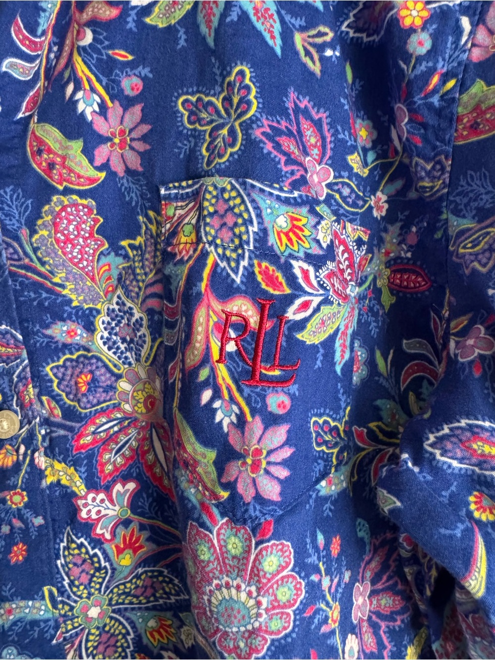 Lauren Ralph Lauren Royal Blue Floral Paisley Button-Down Sleep Shirt Size XL - Picture 3 of 8